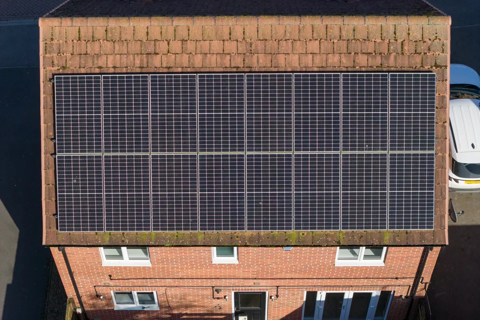 Overhead view of a rooftop solar panel array on a detached home in Tockwith, Yorkshire.