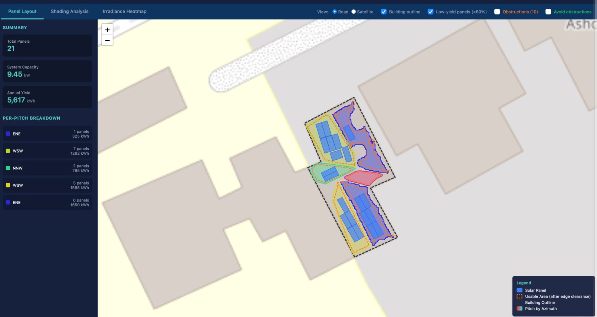 VERA panel layout analysis showing 21 solar panels placed on a Sheffield mid-terrace with per-pitch yield breakdown